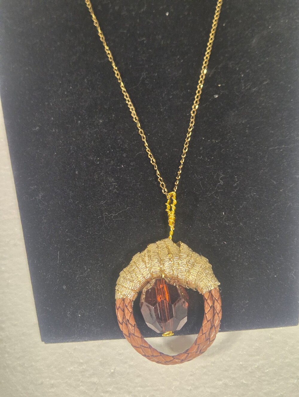 Handcrafted Gold-Tone and Amber Brown Braided Statement Pendant Necklace